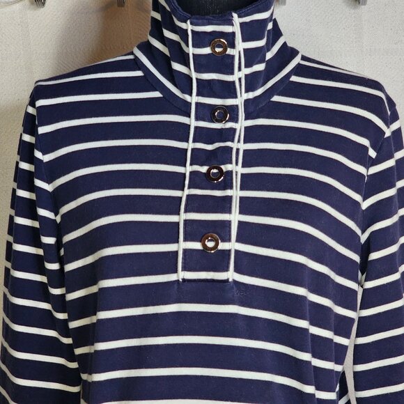 Karen Scott Sport Navy Stripe Cotton Span LS 1/4 Snap Up Stand Collar Top Sz M - Picture 2 of 16
